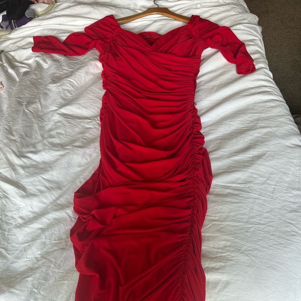 Pinup Couture Red Ruched Off Shoulder Cocktail Gown
